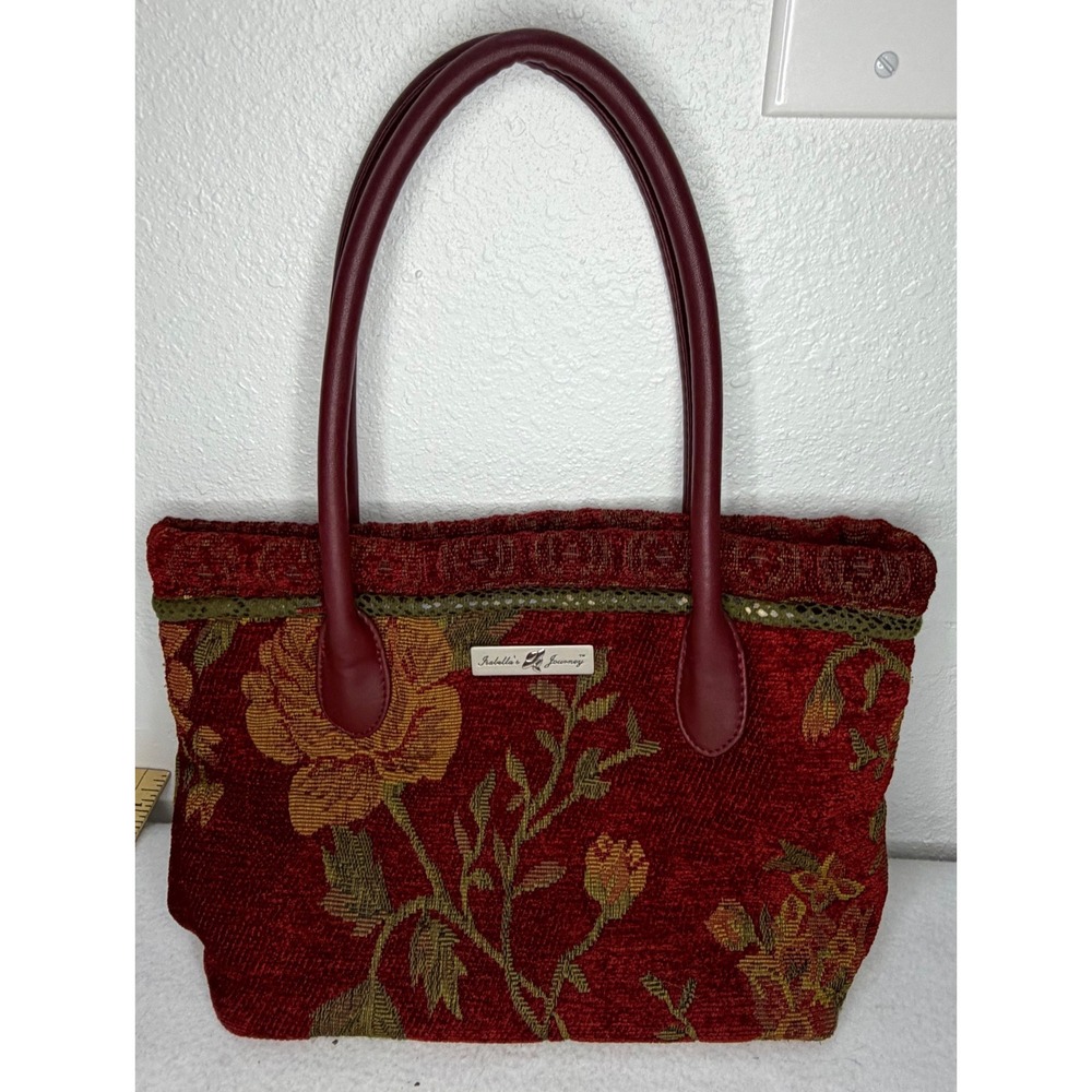 Isabella's Journey Red Floral Tapestry Tote Bag Burgundy Handles RN90630